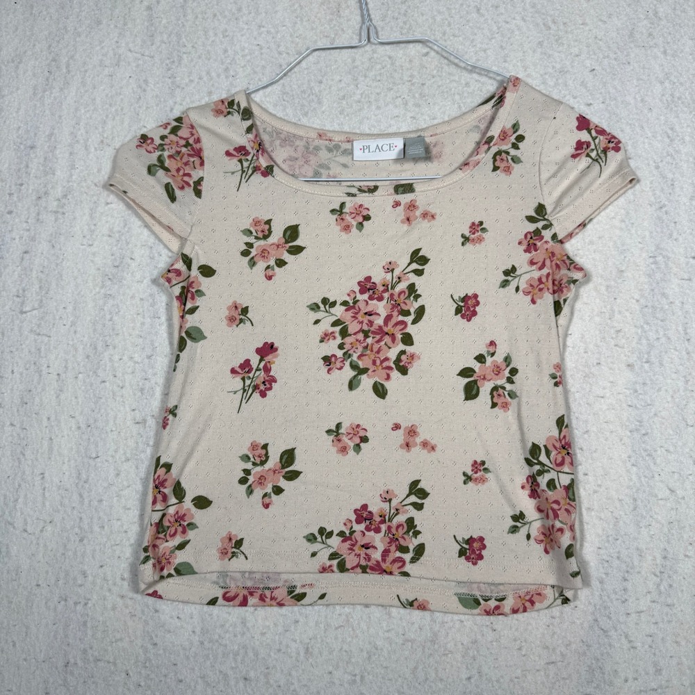 The Childrens Place Girls XL 14 Floral Pointelle Knit Top Pink Cream Tee